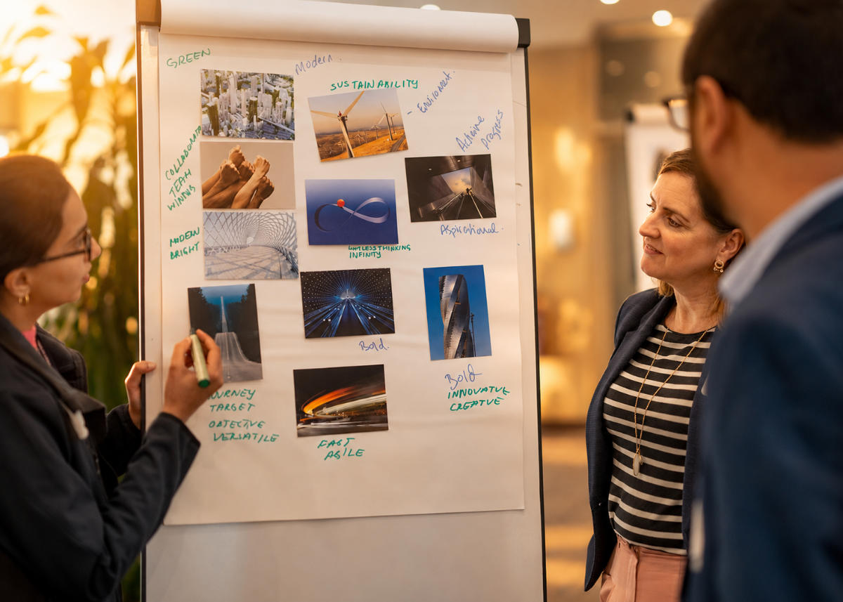 Three people engage with a brainstorming board displaying various images and handwritten keywords like