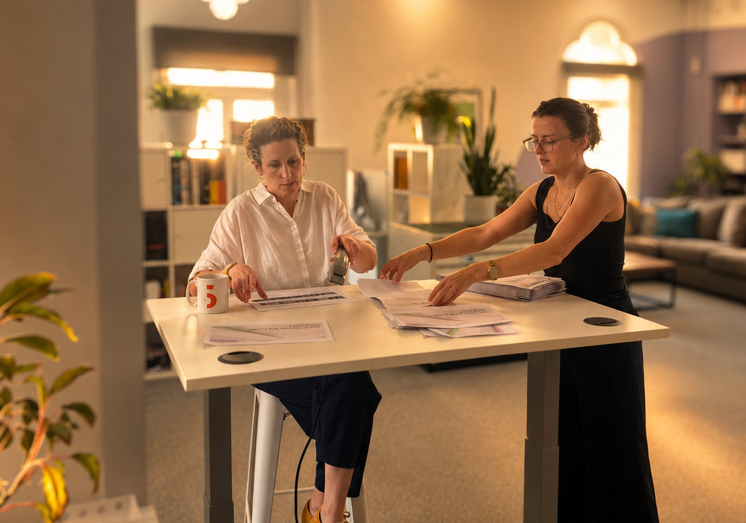 Two women collaborate in a warmly lit office, reviewing papers on a tall desk. One stands while the other sits, creating a focused work atmosphere.
