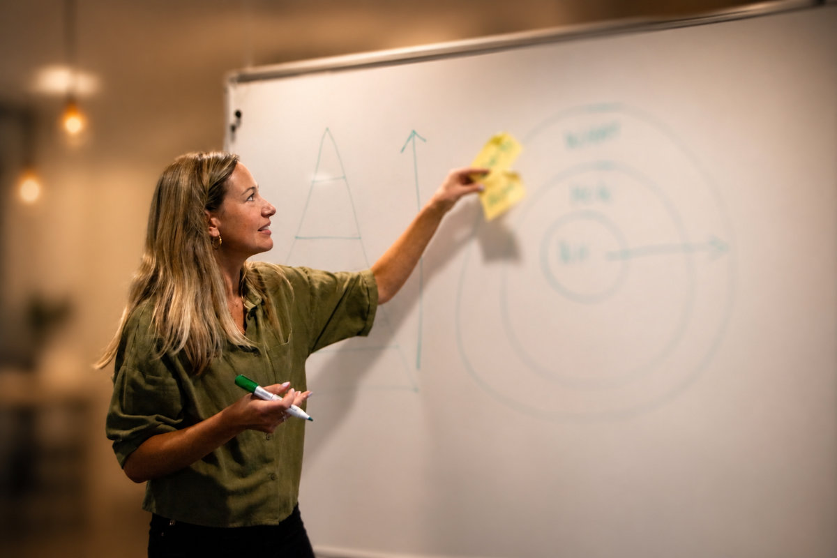 A woman in a green shirt presents at a whiteboard with diagrams. She points to notes, holding a marker, in a focused office setting.
