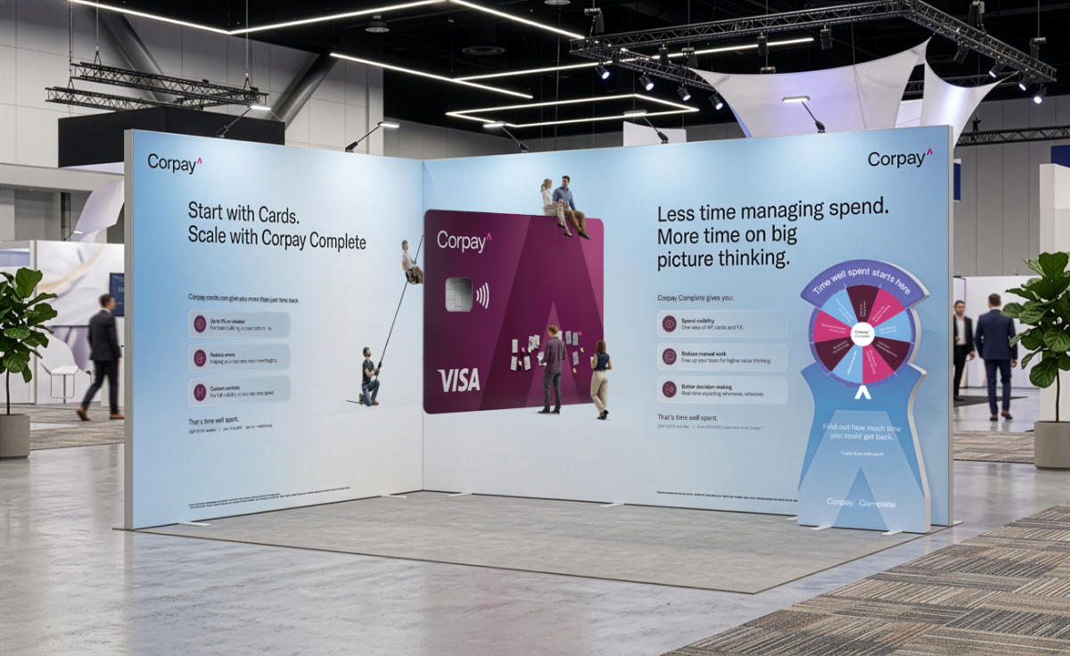 Exhibition booth featuring Corpay branding, with large graphics of credit cards and promotional text. Visitors and plants enhance a professional ambiance.