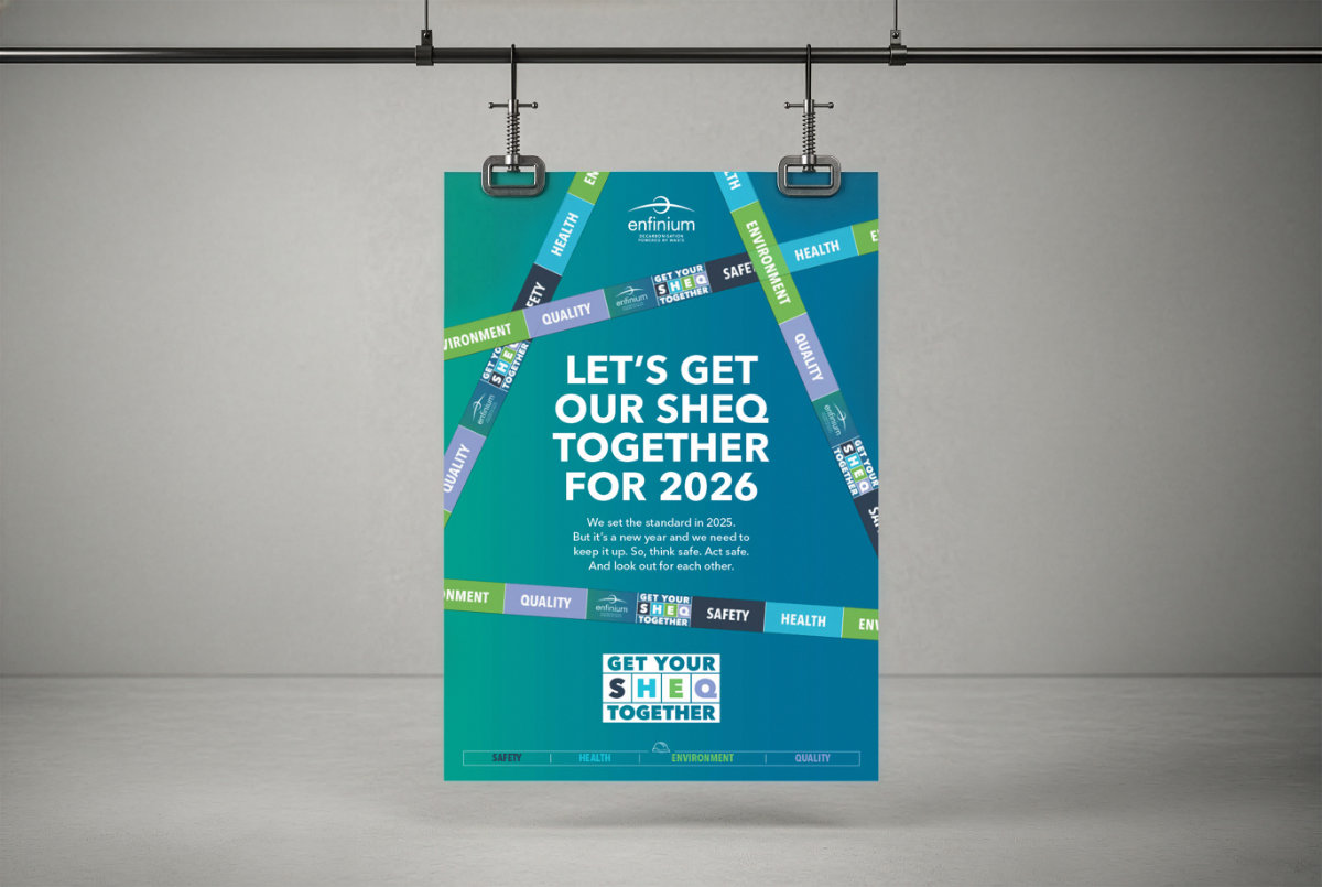 Poster with a teal background and bold text reading