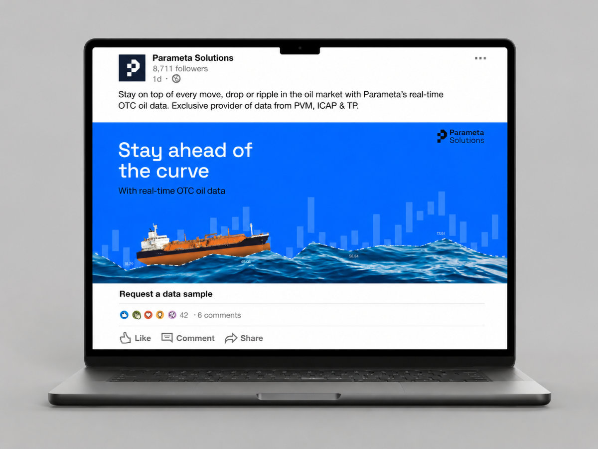 A laptop displays an ad from Parameta Solutions promoting real-time OTC oil data. The screen shows an oil tanker on stylized blue waves with a bar graph. Text reads